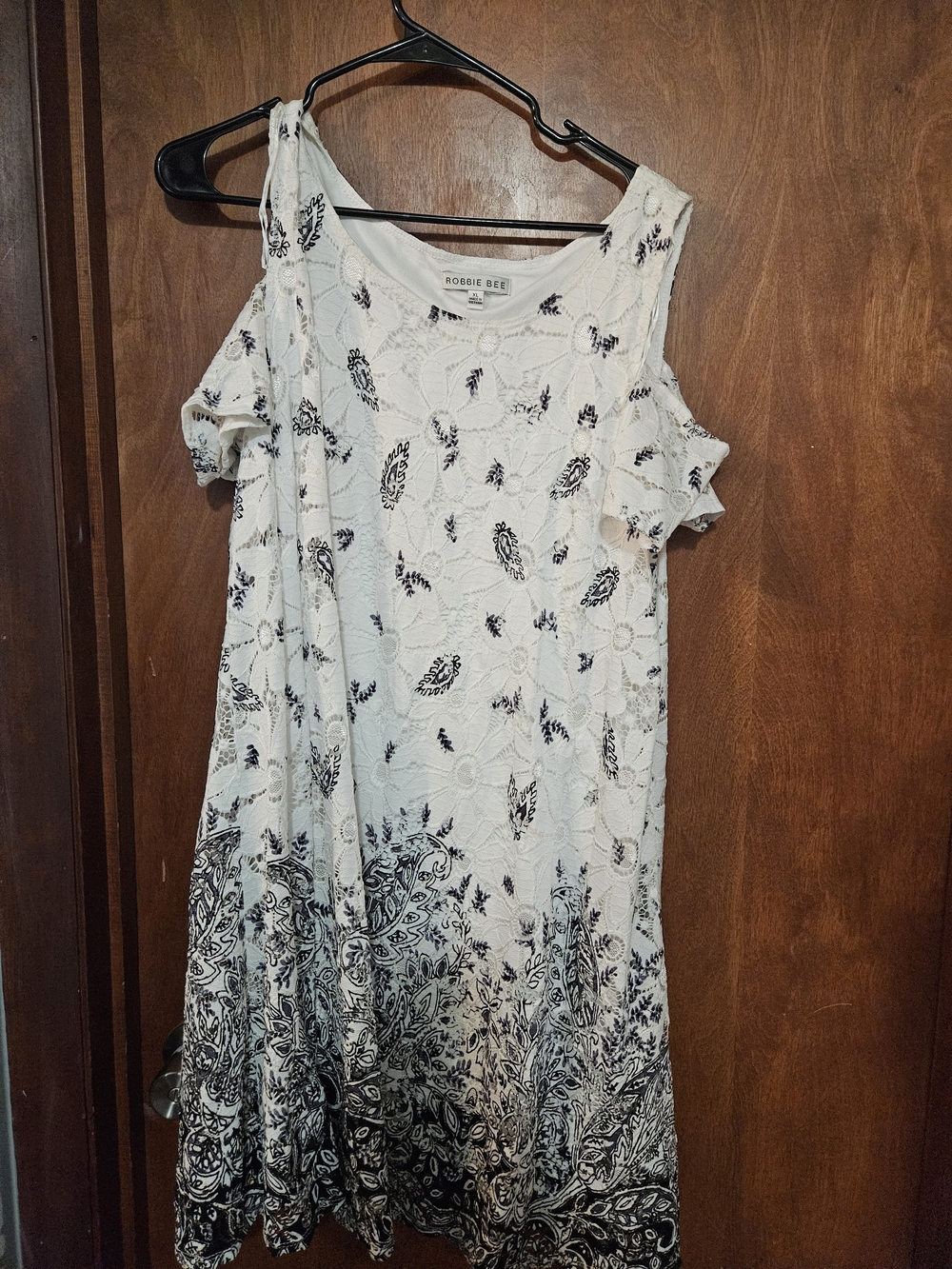 Robbie Bee White Mini Dress with Black Paisley Hem